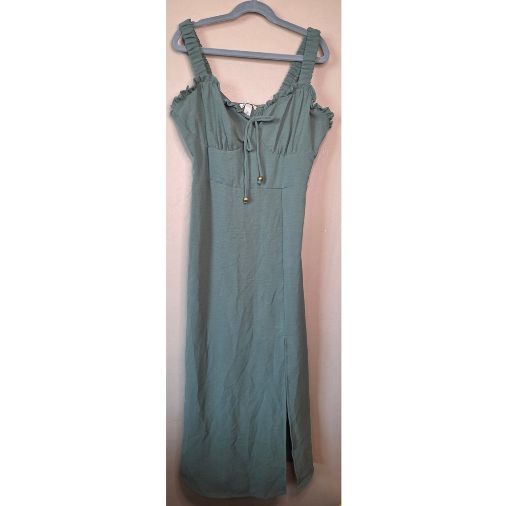 Sage Green Ruffle Sweetheart Midi Dress with Side Slit Size M